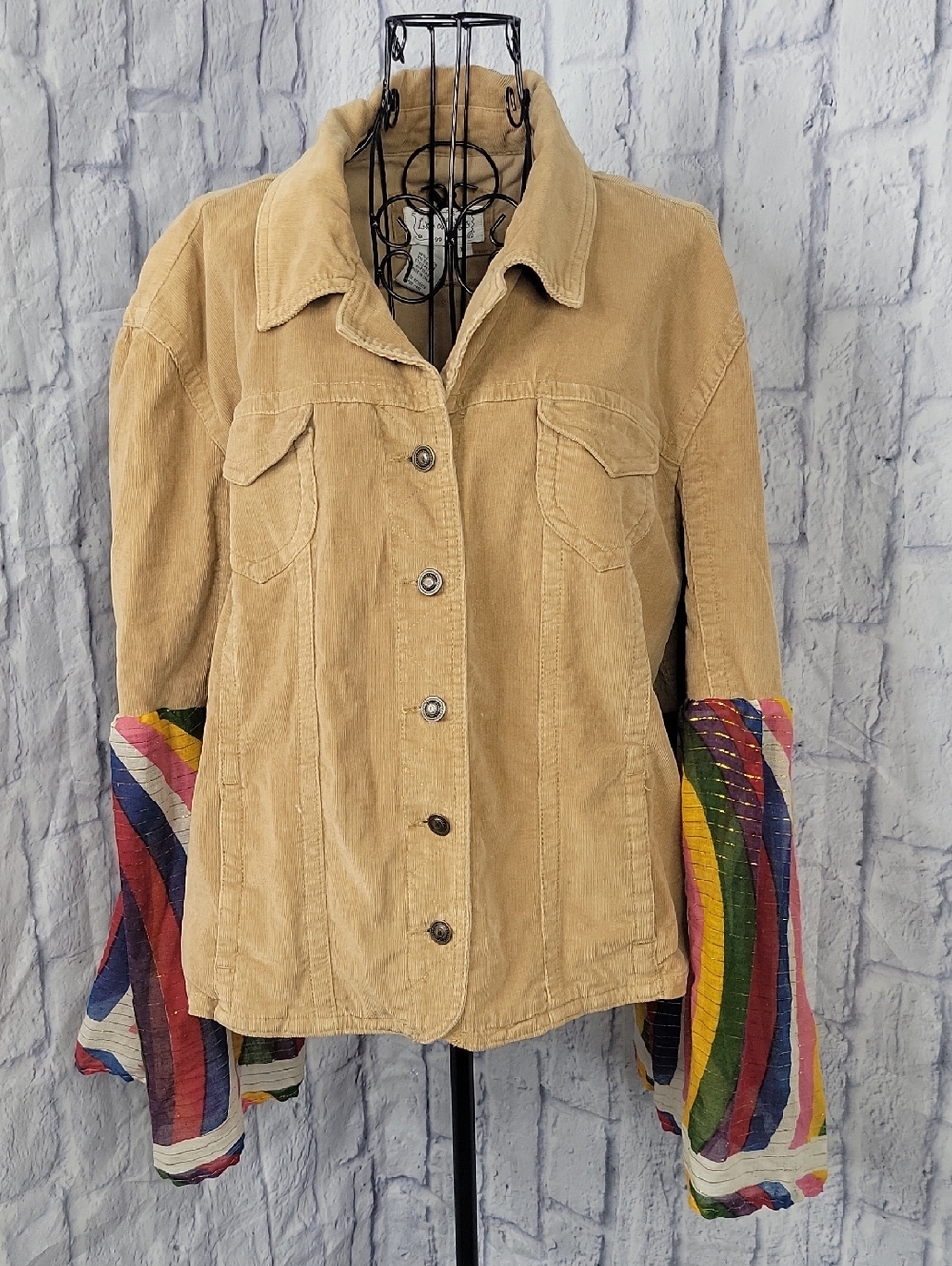 Live A Little XL‎ Biege Corduroy Upcycled Jacket Rainbow Bell Sleeves Boho